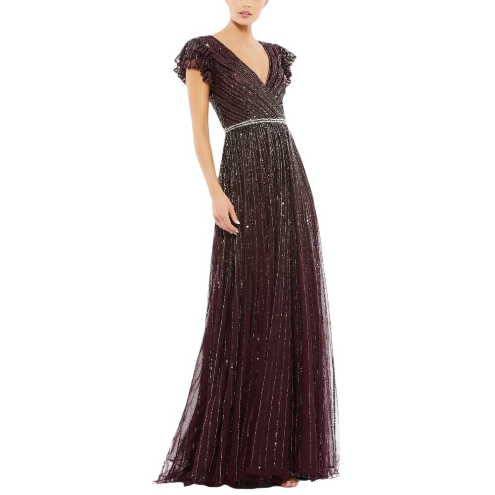 Mac Duggal Plum Beaded V-Neck Evening Gown